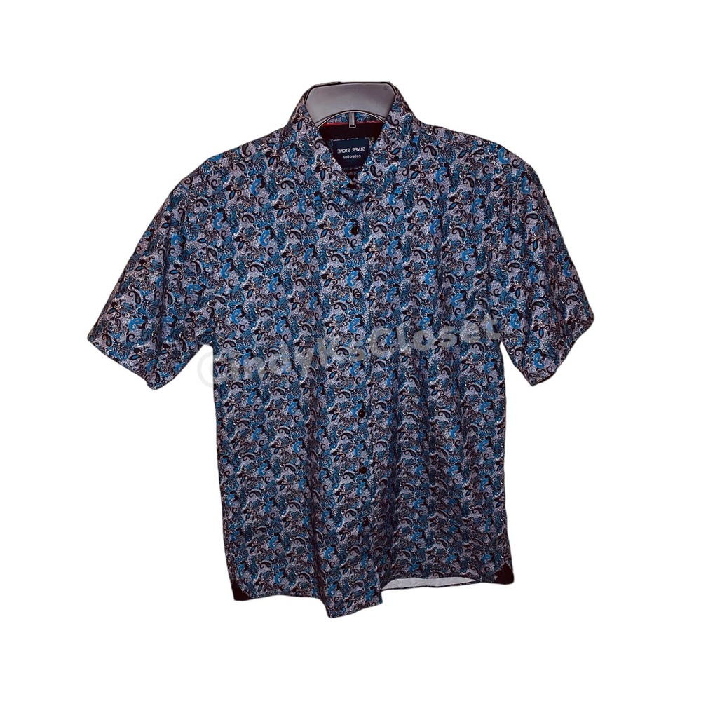 Silver Stone Mens Modern Fit Short Sleeve Paisley Blue Shirt size Large